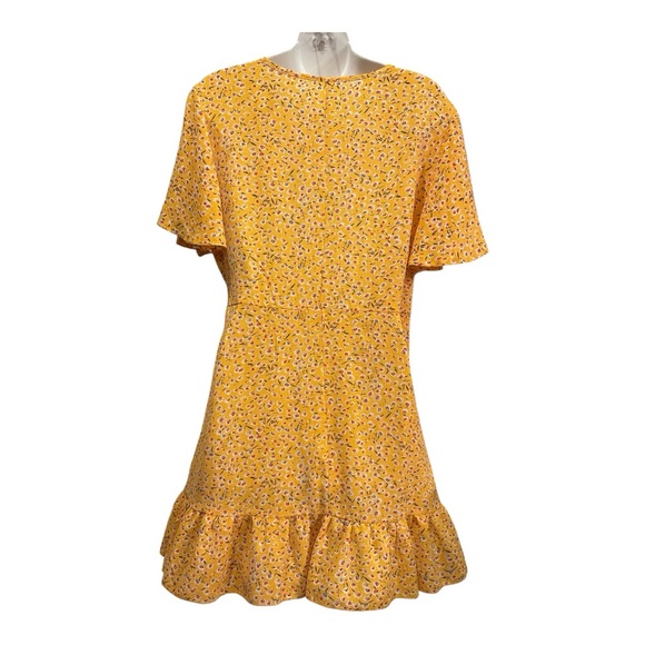 Yellow Wrap V Neck Ruffle Short Sleeve Mini Floral Dress with Belt size large. - Picture 2 of 10